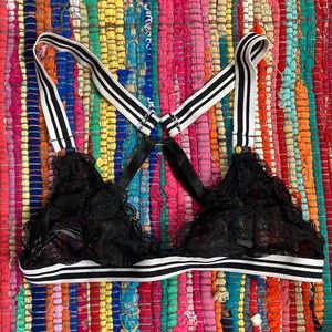 FreePress®️ Black Lace Bralette with B/W Striped Straps & Elastic Band NWOTs